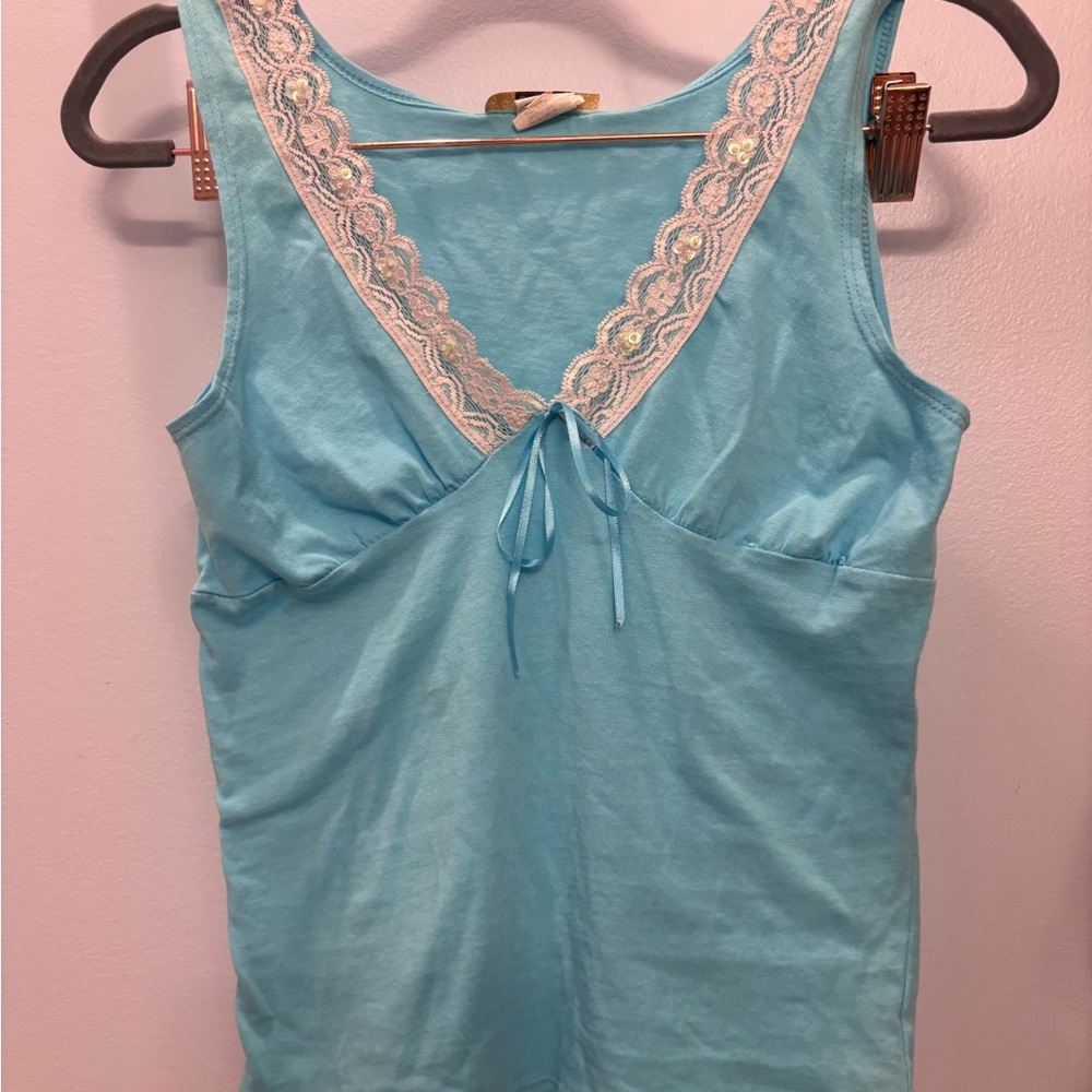 Blue Lace Trim Tank Top